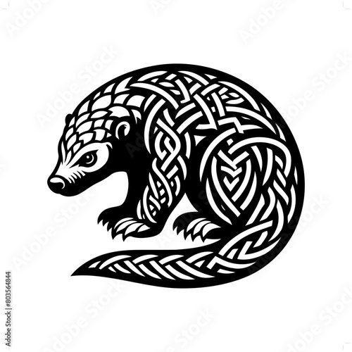 Pangolin, Armadillo silhouette in animal celtic knot, irish, nordic illustration