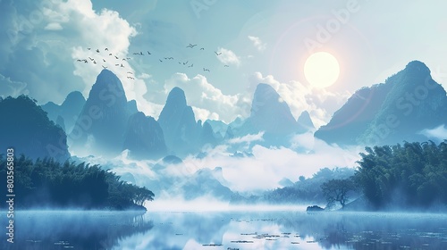 The mountains and rivers of Guilin are covered with clouds and fog on the top of the mountain. The blue sky and white clouds keep birds flying in front of the sun. 