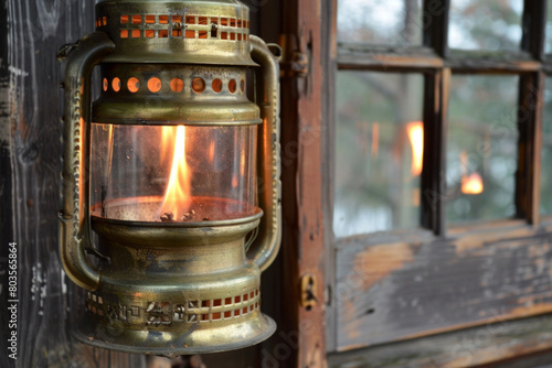 Antique brass lantern with a glowing flame