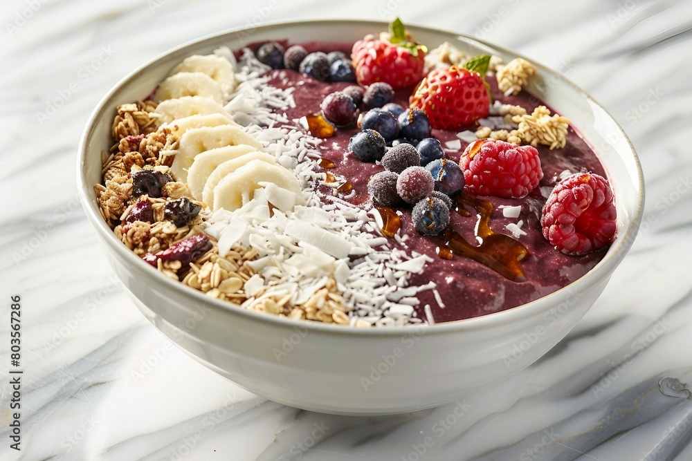 A vibrant and nutritious bowl filled with a variety of fruits, granola, and a sprinkle of coconut flakes, presented on a marble countertop. A vibrant and nutritious bowl filled with a variety of fruits, granola, and a sprinkle of coconut flakes, presented on a marble countertop.