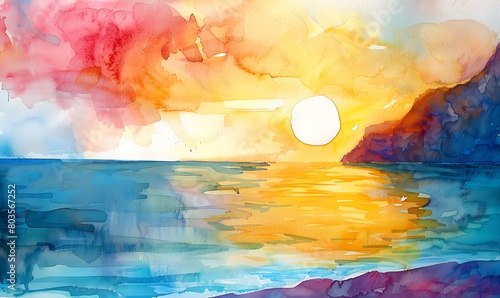 serene seaside view in vibrant watercolors photo