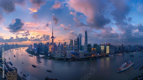 The skyline of Shanghai, China with the river flowing through it at dusk. The skyscrapers in the city of Shanghai light up against the backdrop of a blue sky and white clouds. © Rey