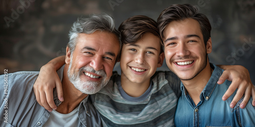 Happy father's day. Joyful multigenerational family portrait showcasing a senior man with his two adult sons, all sharing a warm smile photo