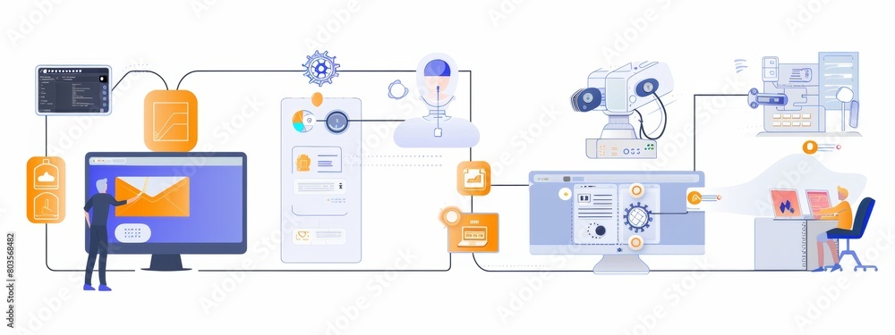Diagrams illustrating the automation of repetitive tasks and processes automation tools. Diagrams illustrating the automation of repetitive tasks and processes automation tools.