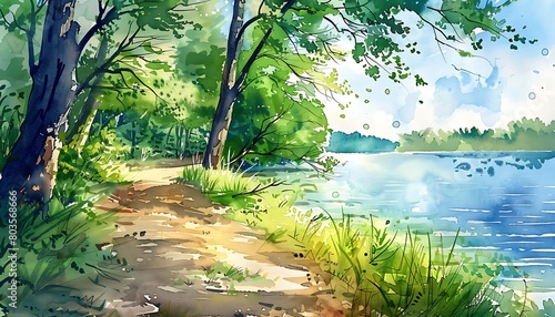 illustration beauty of a nature trail by the water in watercolors