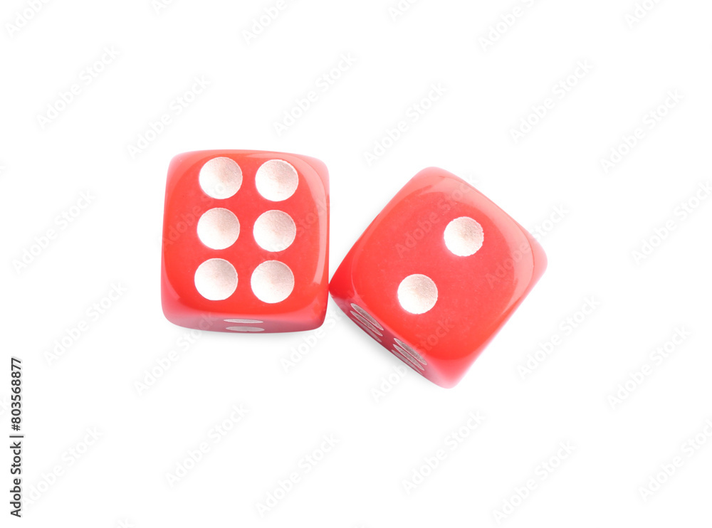 Two red game dices isolated on white, top view Two red game dices isolated on white, top view