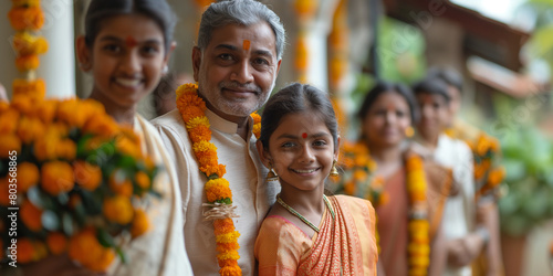 Joyful Indian family in traditional attire with marigold garlands, celebrating a festive occasion, with a focus on an elder man and a young girl