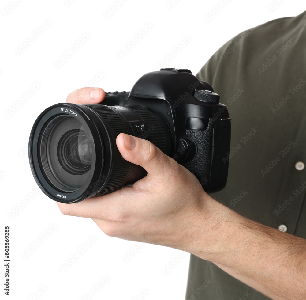 Photographer holding modern camera on white background, closeup Photographer holding modern camera on white background, closeup