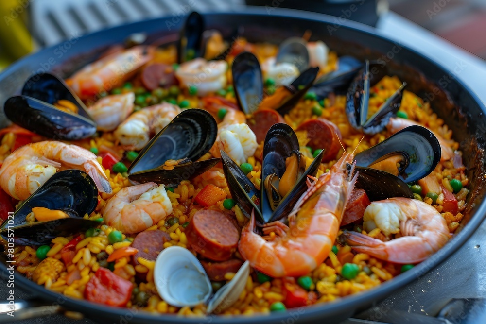 A mouthwatering close-up of a freshly cooked paella, showcasing its rich colors and diverse ingredients. A mouthwatering close-up of a freshly cooked paella, showcasing its rich colors and diverse ingredients.
