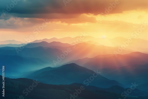mystical colorful mountains at sunset with clouds dreamy landscape © furyon