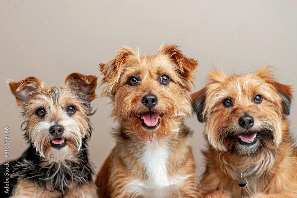 portrait of three adorable smiling dogs mixed breed animal friends or siblings portrait of three adorable smiling dogs mixed breed animal friends or siblings