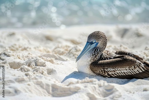 rare bluefooted booby resting on a pristine sandy beach wildlife photography photo