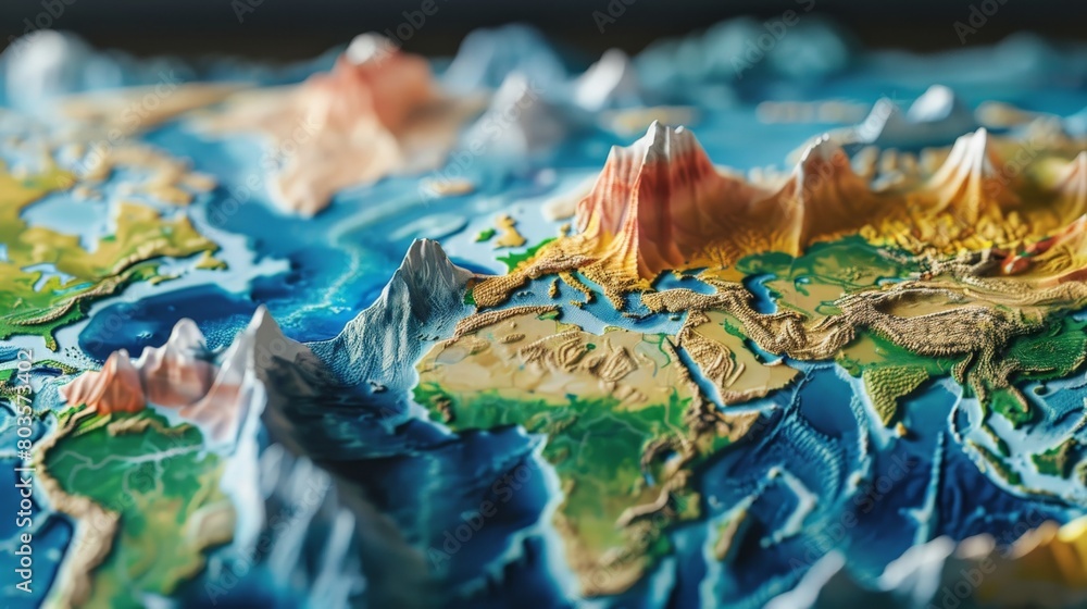 3D rendering of the Earth's surface. The image shows the topography of ...