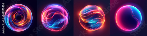 Series of four abstract digital art pieces featuring swirling neon colors in dynamic, fluid shapes against a dark background photo