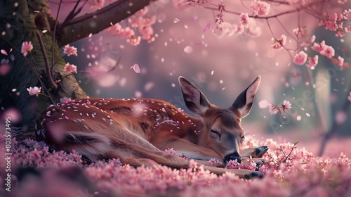 A beautiful deer sleeps under a cherry blossom tree. The delicate pink and white blossoms are scattered on the ground like a soft blanket.