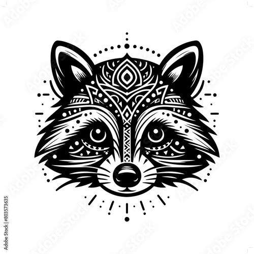 Raccoon silhouette in bohemian, boho, nature illustration © orion