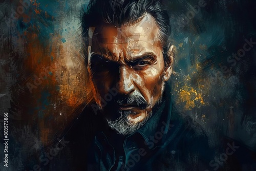 ruthless mafia boss with intense stare dramatic portrait digital painting photo