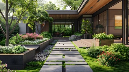 Fototapete Grau 2 A modern, minimalist garden design with lush greenery and flowers in the front yard of an urban home. The landscape features stone pavers, wooden planters filled with shrubs and perennials  © horizon