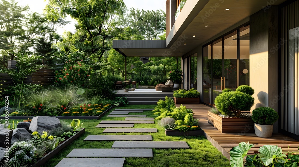 A modern, minimalist garden design with lush greenery and flowers in the front yard of an urban home. The landscape features stone pavers, wooden planters filled with shrubs and perennials