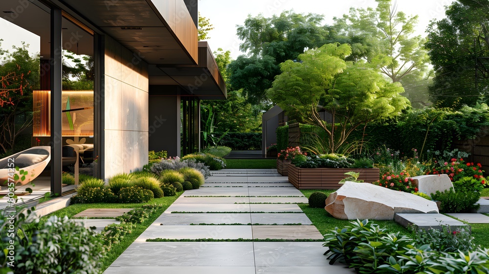 A modern, minimalist garden design with lush greenery and flowers in the front yard of an urban ...