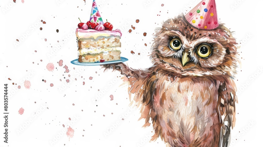 A watercolor painting of an owl wearing a party hat and holding a cake ...