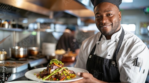 Professional African American chef presenting a plate of food