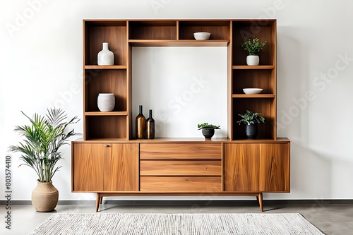  Wooden cabinet and accessories decor in living room interior on empty white wall background 