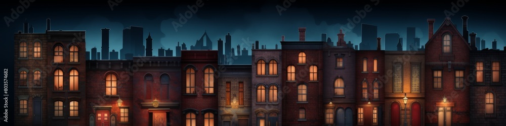 Backdrop illustrating a set of brick block buildings at night, illuminated by street lamps for a mysterious vibe, banner