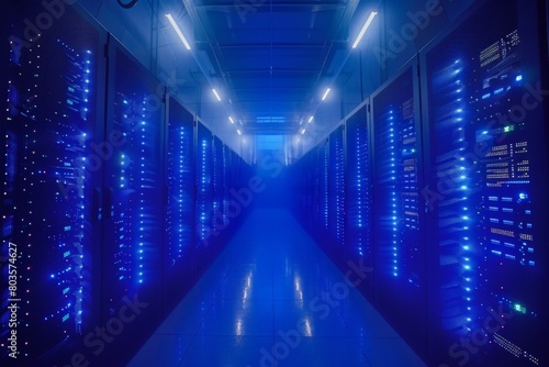 Blue lights illuminate the long corridor of a modern data center filled with rows of server racks.