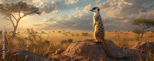 Meerkat standing on a rock in the middle of the desert. The sun is setting in the background. photo