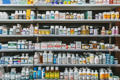 Shelves with bottles and jars of vitamins and supplements in a pharmacy