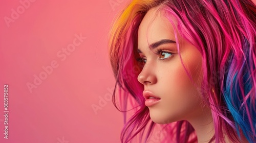 Profile of a woman with multicolored hair on a pink background