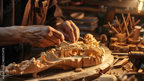 Traditional Japanese Wooden Sculpture Crafted with Expertise in a Rustic Workshop photo