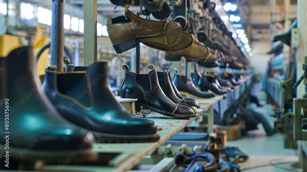 Footwear Manufacturing: Production lines for shoes and boots, from cutting leather to final assembly. 
