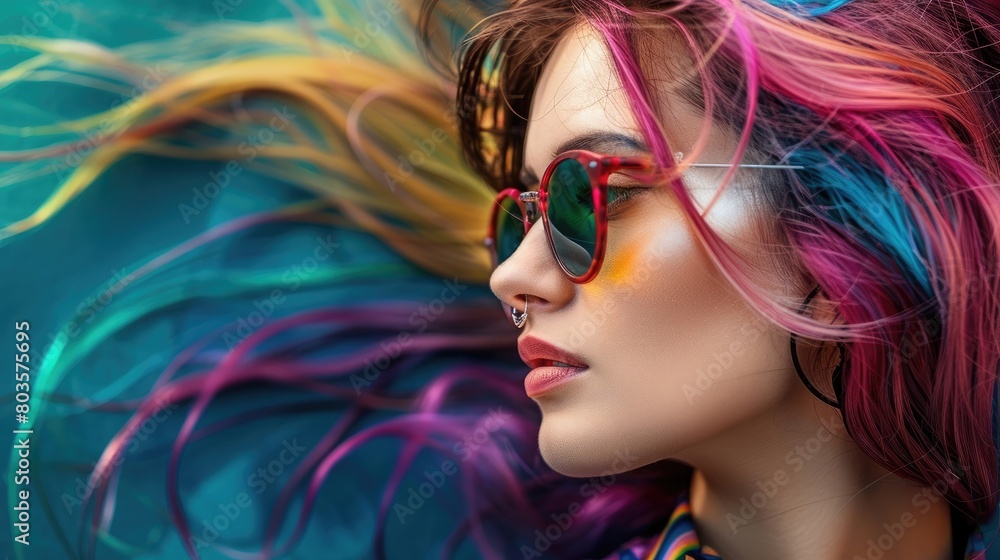 Profile of a woman with sunglasses and windblown multicolored hair