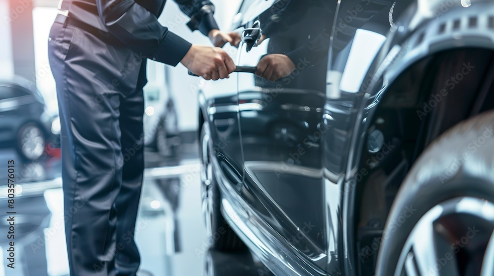 Quality control inspector checking a new car's alignment, close-up, detailed tools and focus Quality control inspector checking a new car's alignment, close-up, detailed tools and focus