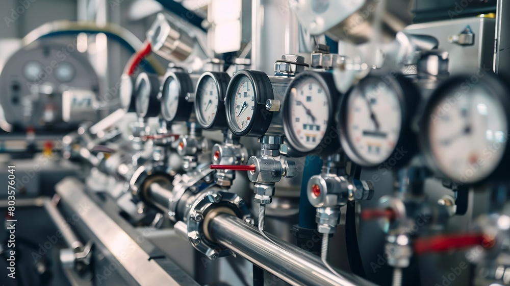 Engine testing in a factory, close-up, detailed gauges and technician monitoring