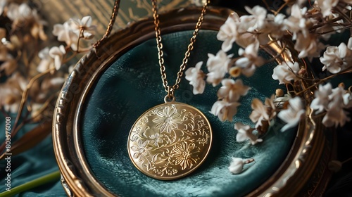 AntiqueStyle Brass Pendant Necklace Showcasing Delicate Floral Patterns and Intricate Filigree Detailing Inspired by Victorian Era Design photo