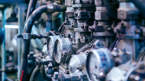 Engine testing in a factory, close-up, detailed gauges and technician monitoring 