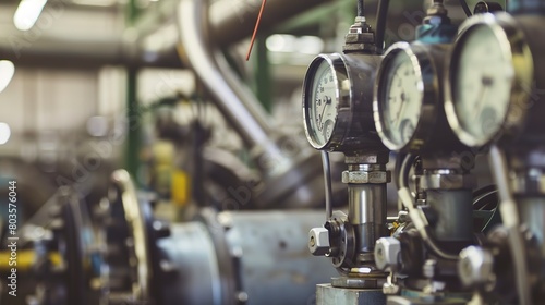 Engine testing in a factory, close-up, detailed gauges and technician monitoring 
