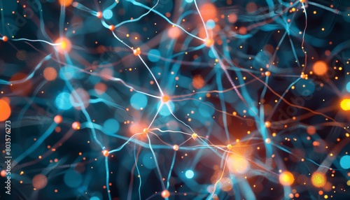 The image shows a bunch of neurons. They are connected to each other by synapses. The neurons are firing, which is indicated by the blue and yellow dots.