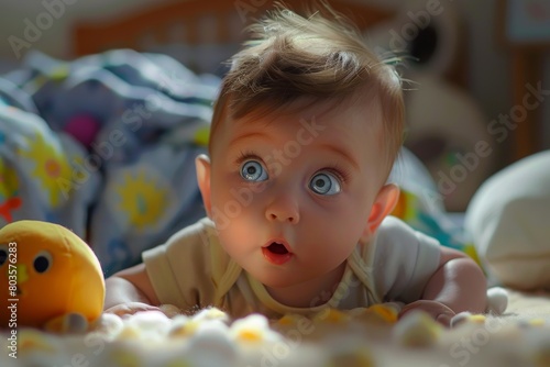 Cartoon realistic portrait of a baby playing