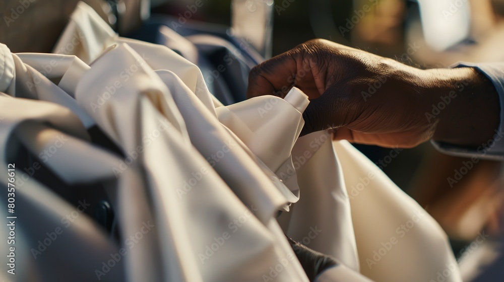 Obraz premium Quality inspection of finished garments, close-up, hands examining cloth, clear focus