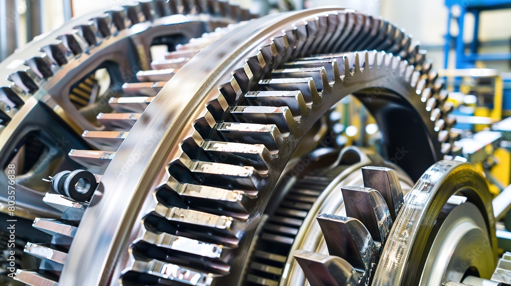 Large gear assembly in a machinery factory, close-up, detailed teeth and lubrication 
