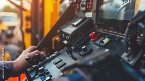 Close-up of a crane's control panel, detailed buttons and levers, operator in action  photo