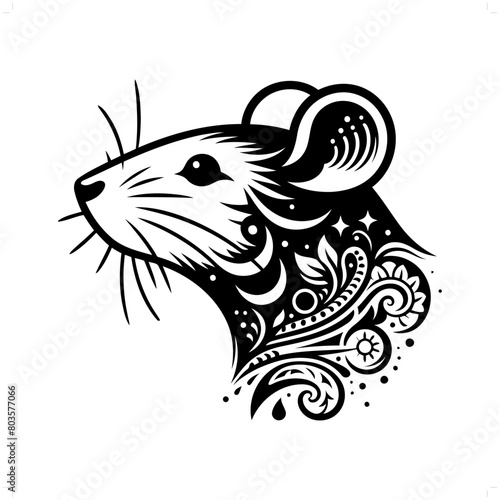 mouse, rat silhouette in bohemian, boho, nature illustration