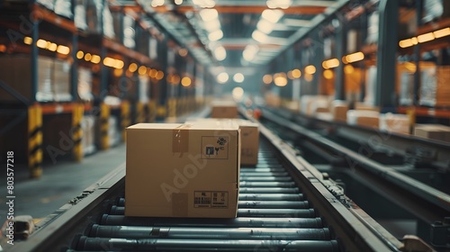 Cardboard boxes moving on a conveyor belt in a warehouse