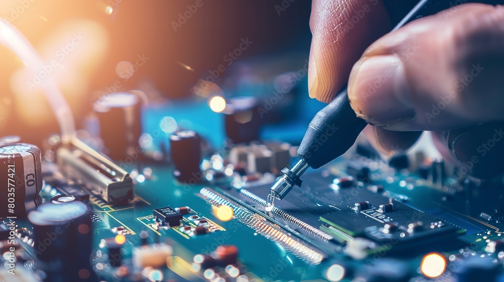 Close-up of a circuit board being assembled, detailed soldering action, electronic components Close-up of a circuit board being assembled, detailed soldering action, electronic components