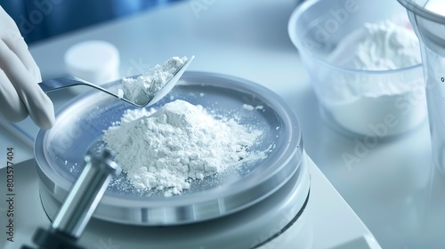 Pharmaceutical powder being weighed for batch preparation, close-up, precise scales and powder