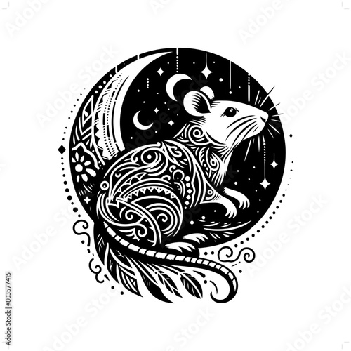 mouse, rat silhouette in bohemian, boho, nature illustration